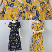 Loose navy prints cotton linen tunic dress drawstring loose summer Dress - SooLinen