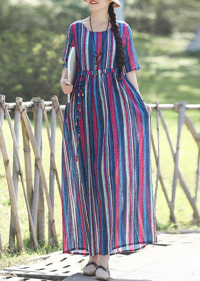 Loose o neck Half sleeve linen cotton outfit 2019 Photography blue striped long Dresses Summer - SooLinen