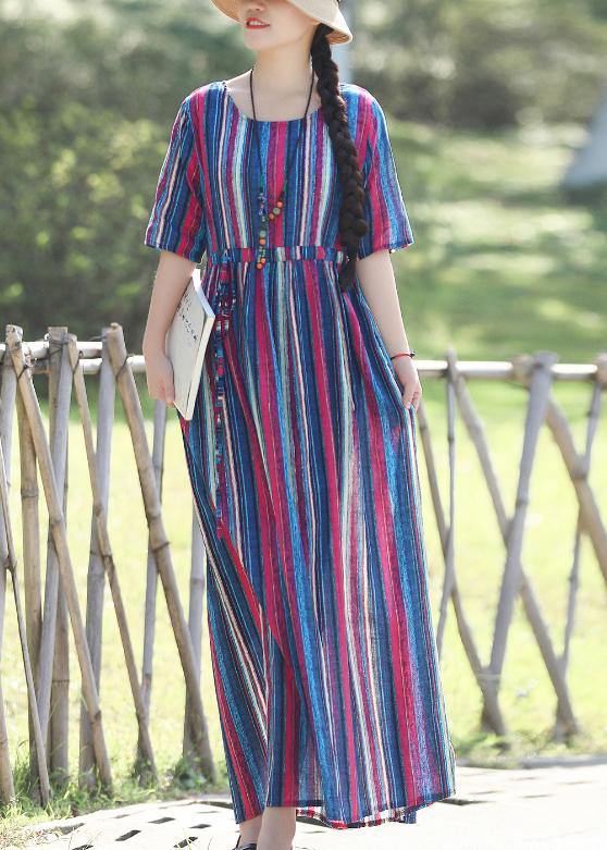Loose o neck Half sleeve linen cotton outfit 2019 Photography blue striped long Dresses Summer - SooLinen