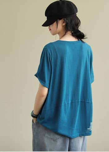 Loose o neck Letter cotton tunics for women Tunic Tops blue blouse - SooLinen
