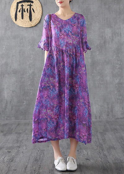 Loose o neck Petal Sleeve linen Robes Fashion Ideas purple print Dress summer - SooLinen