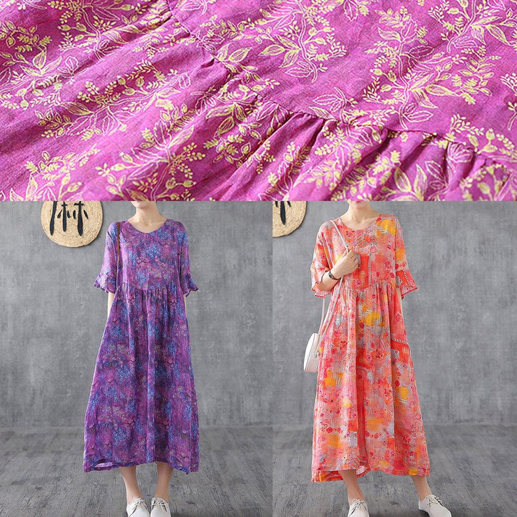 Loose o neck Petal Sleeve linen Robes Fashion Ideas purple print Dress summer - SooLinen