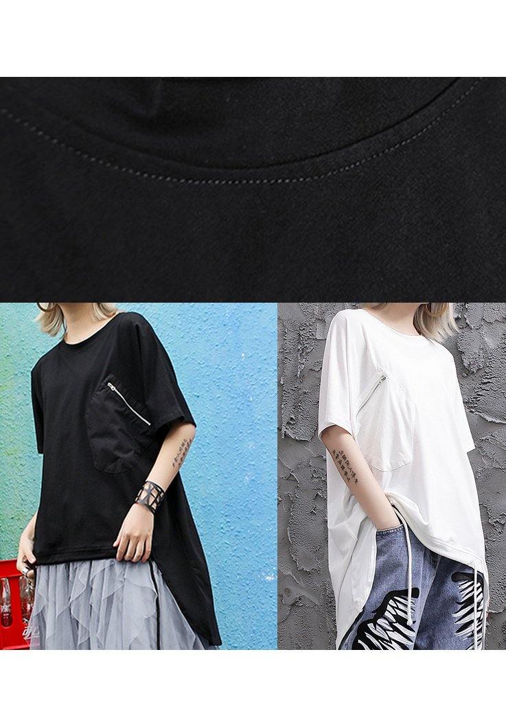 Loose o neck asymmetric Shirts Outfits black blouses - SooLinen
