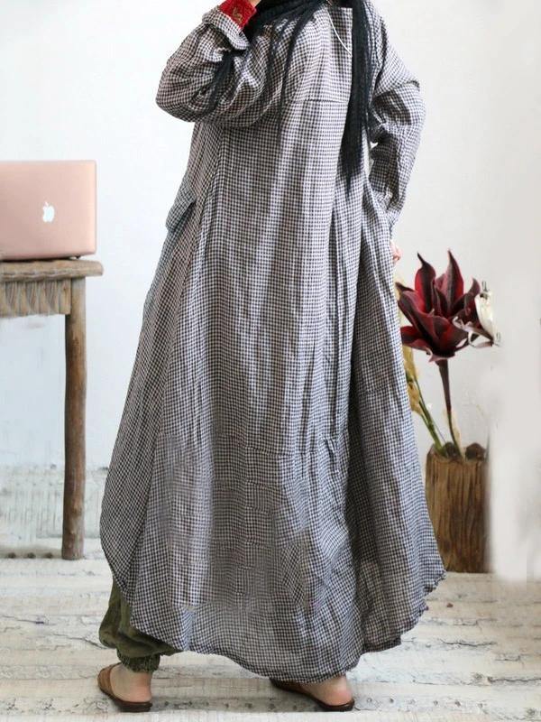 Loose o neck asymmetric cotton linen Soft Surroundings Wardrobes plaid Dress - SooLinen