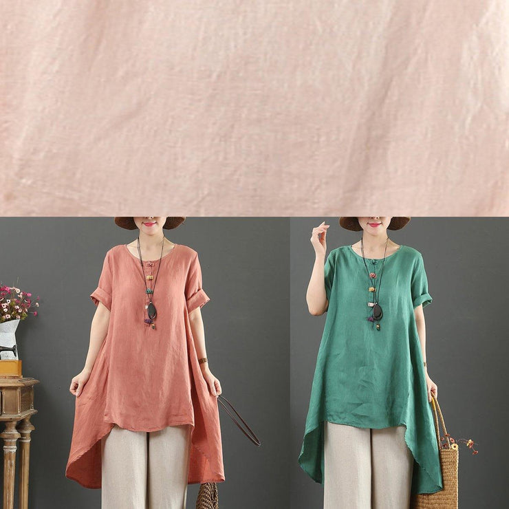 Loose o neck asymmetric linen summer linen tops women pattern pink shirts - SooLinen