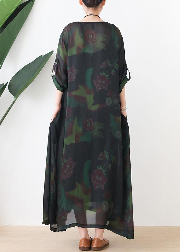 Loose o neck chiffon kaftans Casual green print Maxi Dresses - SooLinen