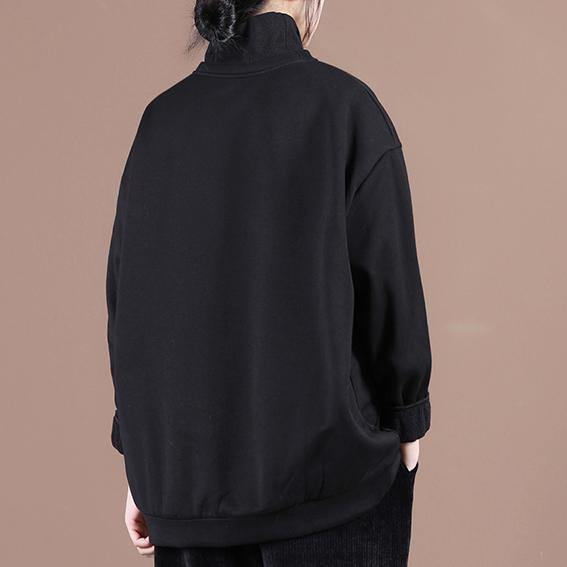 Loose o neck embroidery spring Tunic Shape black blouses - SooLinen