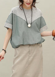 Loose o neck patchwork cotton summer Blouse pattern gray tops - SooLinen