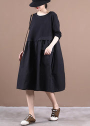 Loose o neck patchwork spring dresses Work Outfits black Dresses - SooLinen