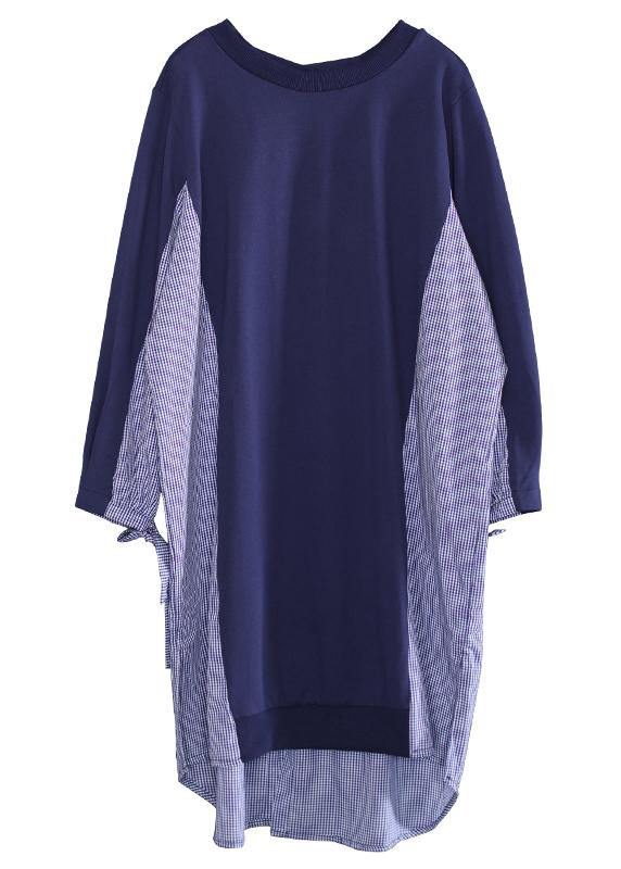 Loose o neck patchwork tunic top Sewing blue plaid Dress - SooLinen