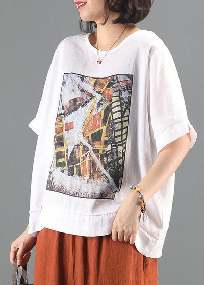 Loose o neck patchwork tunic top white print oversized tops - SooLinen