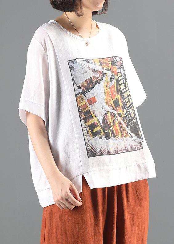 Loose o neck patchwork tunic top white print oversized tops - SooLinen