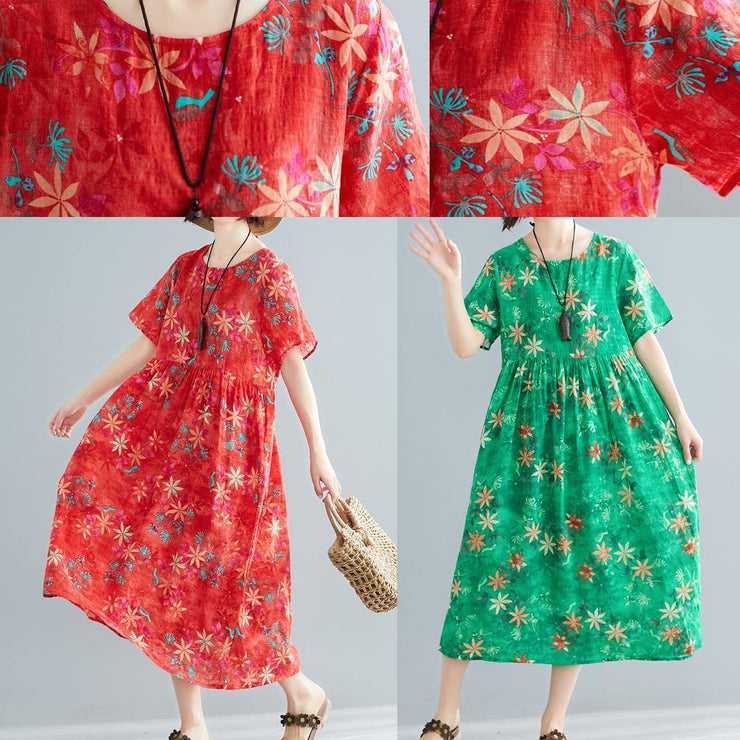 Loose o neck patchwork Cinched cotton dresses Outfits green print Traveling Dresses summer - SooLinen