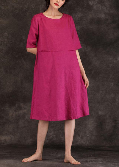 Loose o neck pockets linen dresses Work Outfits burgundy Dress summer - SooLinen