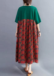 Loose o neck quilting dresses Catwalk blackish green patchwork print Dresses - SooLinen