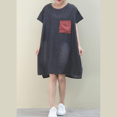Loose o neck red pockets Cotton quilting dresses Inspiration denim black Dress - SooLinen
