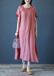 Loose o neck short sleeve linen dresses Sewing pink Dresses - SooLinen
