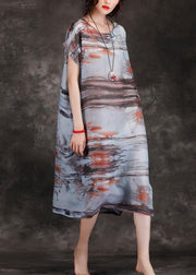 Loose o neck short sleeve pockets linen Robes gray print Dresses summer - SooLinen