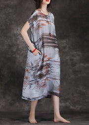 Loose o neck short sleeve pockets linen Robes gray print Dresses summer - SooLinen