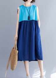 Loose o neck sleevless cotton linen quilting clothes Catwalk blue Dresses summer - SooLinen