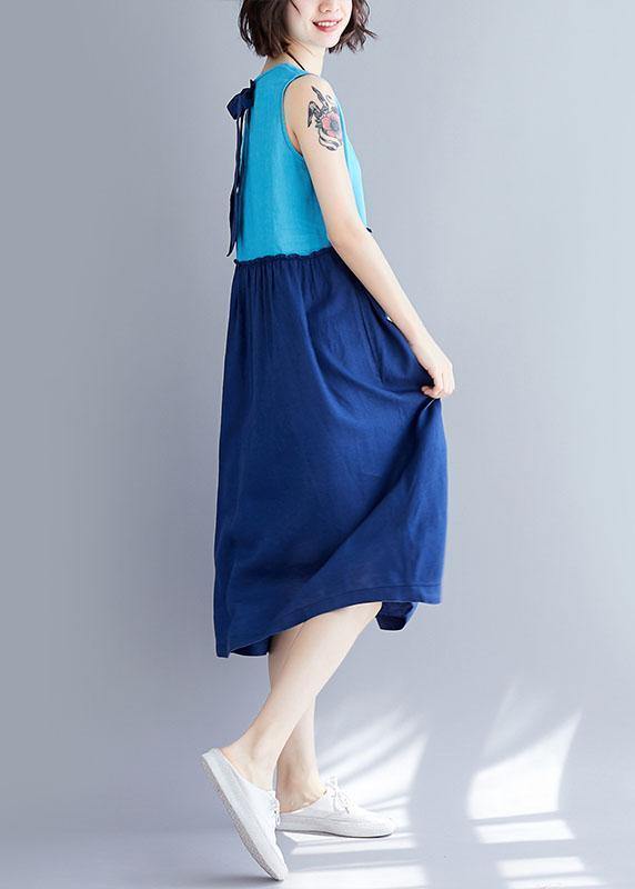 Loose o neck sleevless cotton linen quilting clothes Catwalk blue Dresses summer - SooLinen