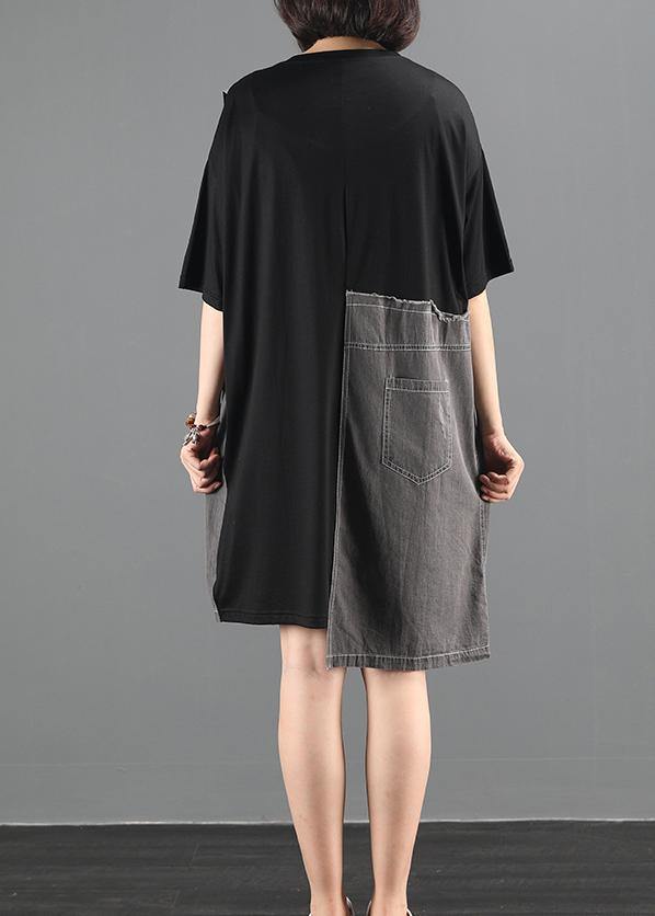 Loose o neck summer tunic top Runway black patchwork denim Dress - SooLinen