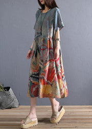 Loose o neck Cinched linen summer clothes Wardrobes khaki print Dress - SooLinen