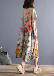 Loose o neck Cinched linen summer clothes Wardrobes khaki print Dress - SooLinen