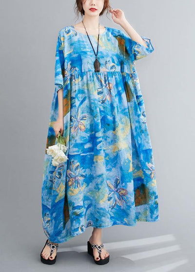 Loose o neck Cinched summer clothes blue print Maxi Dresses - SooLinen