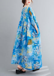 Loose o neck Cinched summer clothes blue print Maxi Dresses - SooLinen