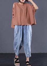 Loose off the shoulder sleeve cotton crane tops Cotton dark khaki striped tops summer - SooLinen