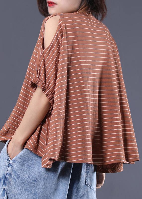 Loose off the shoulder sleeve cotton crane tops Cotton dark khaki striped tops summer - SooLinen