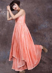 Loose orange asymmetric hem linen dresses sleeveless Dresses summer Dress - SooLinen