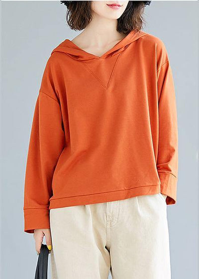 Loose orange cotton blouses for women hooded loose fall top - SooLinen