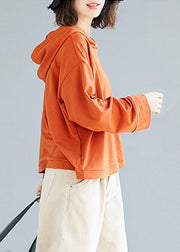 Loose orange cotton blouses for women hooded loose fall top - SooLinen