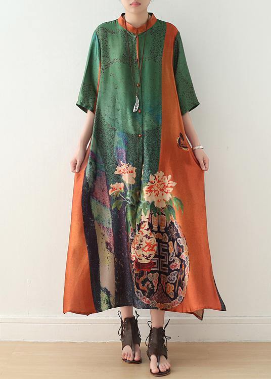 Loose orange green print chiffon Robes Century Shirts stand collar half sleeve Summer Dress - SooLinen