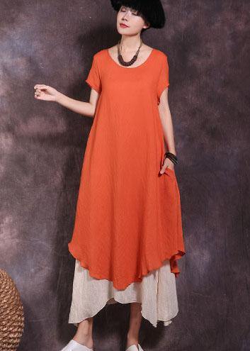 Loose orange short sleeve linen dress false two pieces loose summer Dress - SooLinen