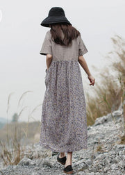 Loose patchwork linen Long Shirts Neckline gray Dress summer - SooLinen