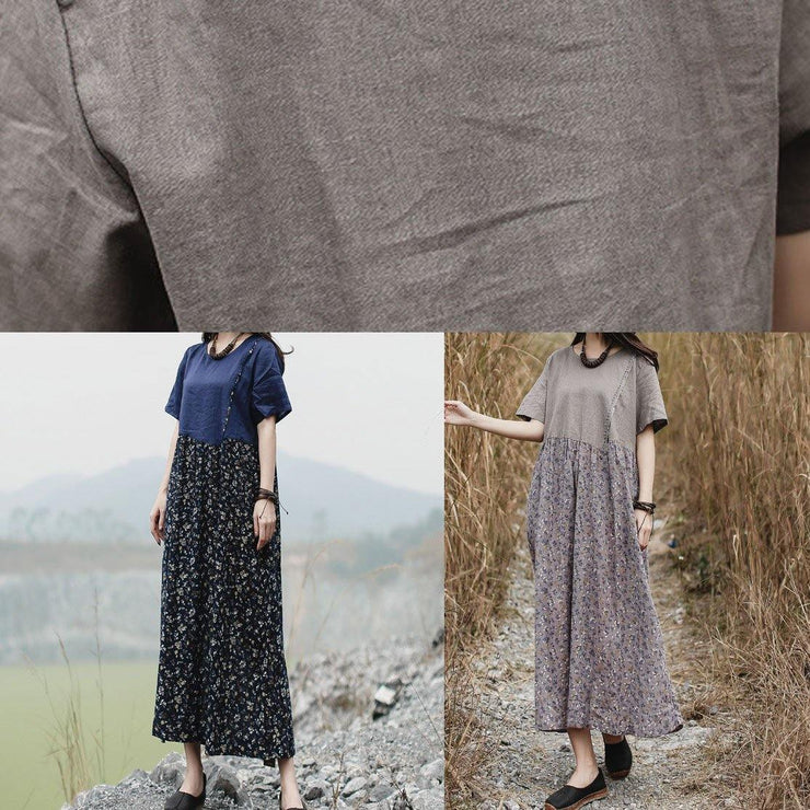 Loose patchwork linen Long Shirts Neckline gray Dress summer - SooLinen