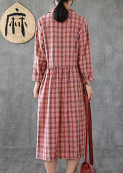 Loose pink plaid linen cotton clothes Notched drawstring cotton Dress - SooLinen