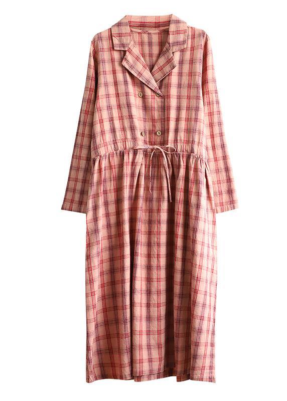 Loose pink plaid linen cotton clothes Notched drawstring cotton Dress - SooLinen