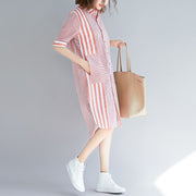 Loose pink striped Cotton quilting clothes Fun Photography side open Knee patchwork Dress