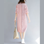 Loose pink striped Cotton quilting clothes Fun Photography side open Knee patchwork Dress
