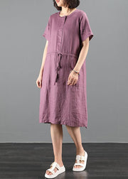 Loose purple Tunics o neck drawstring loose Dress - SooLinen