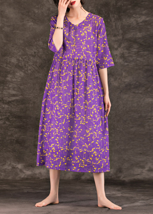 Loose purple print linen Robes stylish Tops v neck patchwork loose Summer Dress