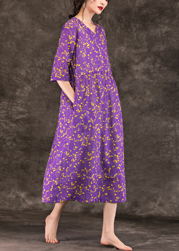 Lose lila bedruckte Leinenroben, stilvolle Oberteile mit V-Ausschnitt, lockeres Sommerkleid im Patchwork-Stil