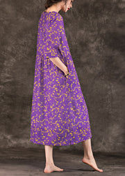Lose lila bedruckte Leinenroben, stilvolle Oberteile mit V-Ausschnitt, lockeres Sommerkleid im Patchwork-Stil