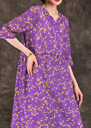 Loose purple print linen Robes stylish Tops v neck patchwork loose Summer Dress