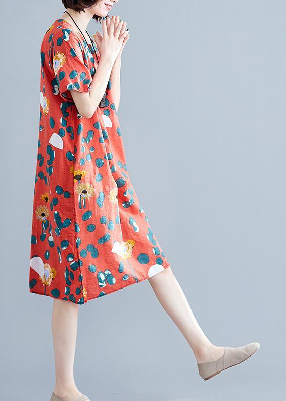 Loose red Chiffon clothes Women o neck Midi summer print Dresses - SooLinen