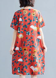 Loose red Chiffon clothes Women o neck Midi summer print Dresses - SooLinen